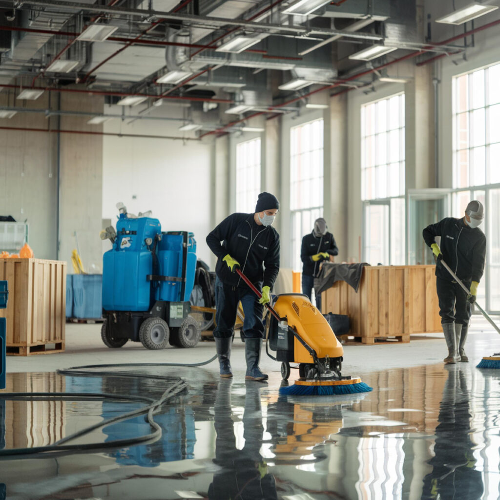 Reinigungskräfte reinigen mit Maschinen und Geräten den Boden einer Industriehalle.