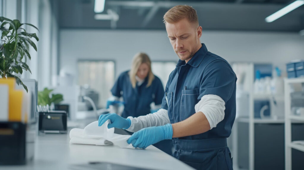 Zwei Personen reinigen Arbeitsflächen in einem hellen Raum und tragen dabei Handschuhe.