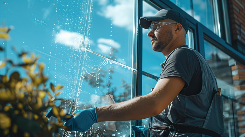 Eine Person reinigt eine große Fensterscheibe an einer Außenfassade.