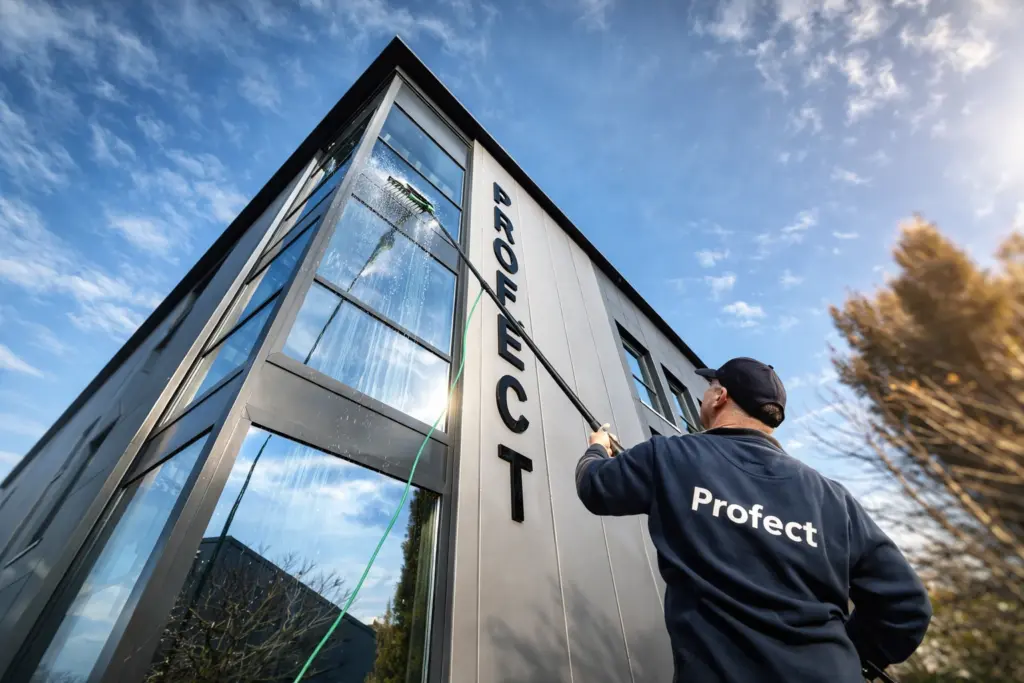 Mitarbeiter reinigt Glasfassade eines Bürogebäudes mit Teleskopstange