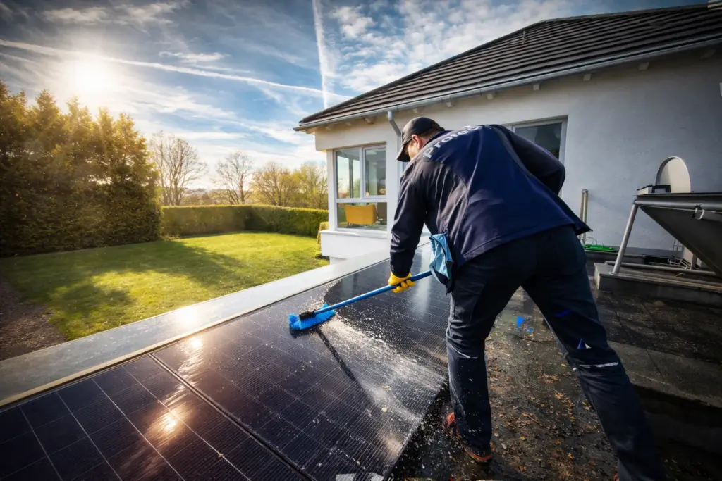 Mitarbeiter reinigt Solaranlage auf Hausdach mit Bürste und Wasser